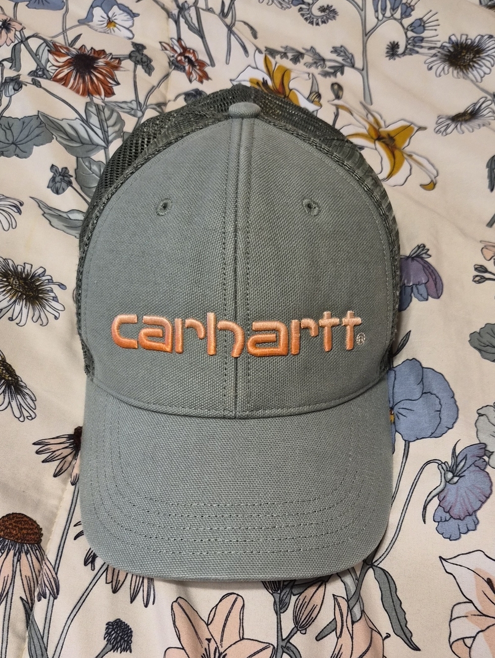 Carhartt Olive Green Trucker Cap with Orange Embroidery